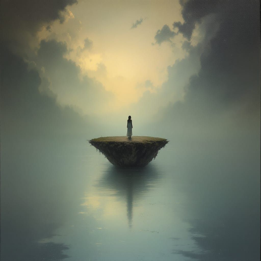 Lonely Woman on Island at Twilight