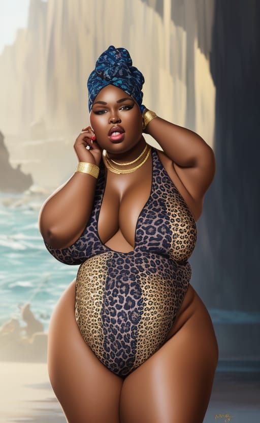 Curvaceous Woman in Cheetah Swimsuit, Detailed Concept Art