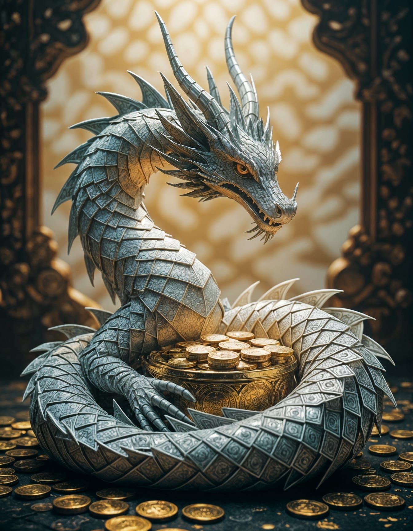 Origami Dragon Guarding Treasure in Cinematic Style