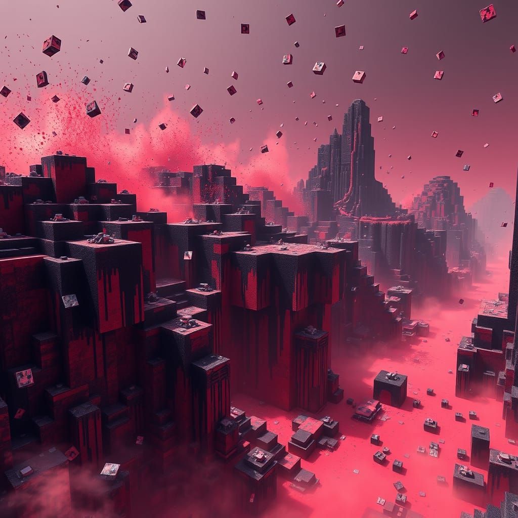Dystopian Minecraft Nether Landscape with Red Hues