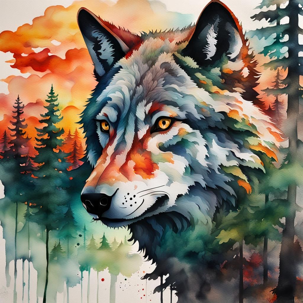 Wolf Double Exposure: Forest and Hunter in Watercolor