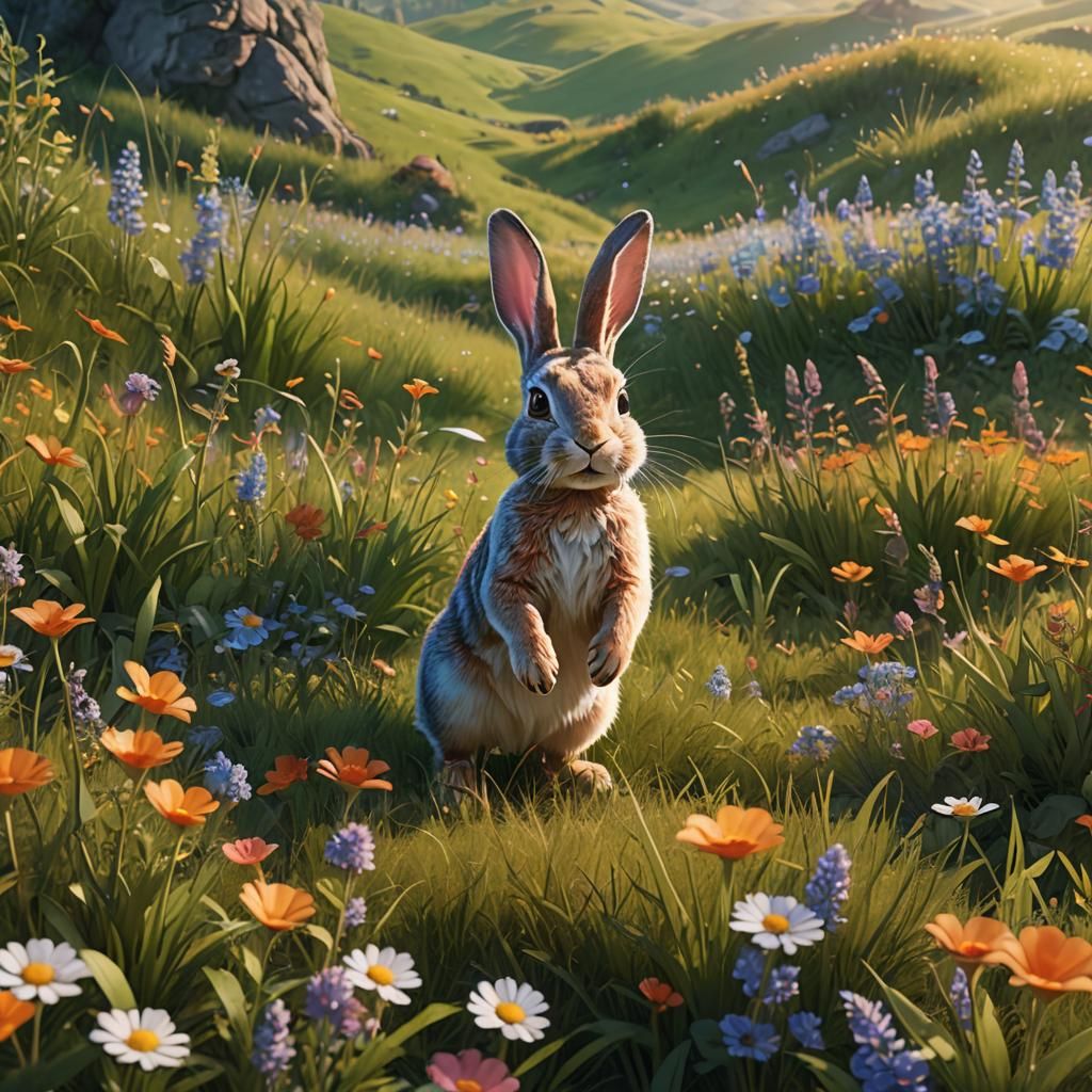 Rabbit Hopping in Lush Meadow, Fantasy Landscape