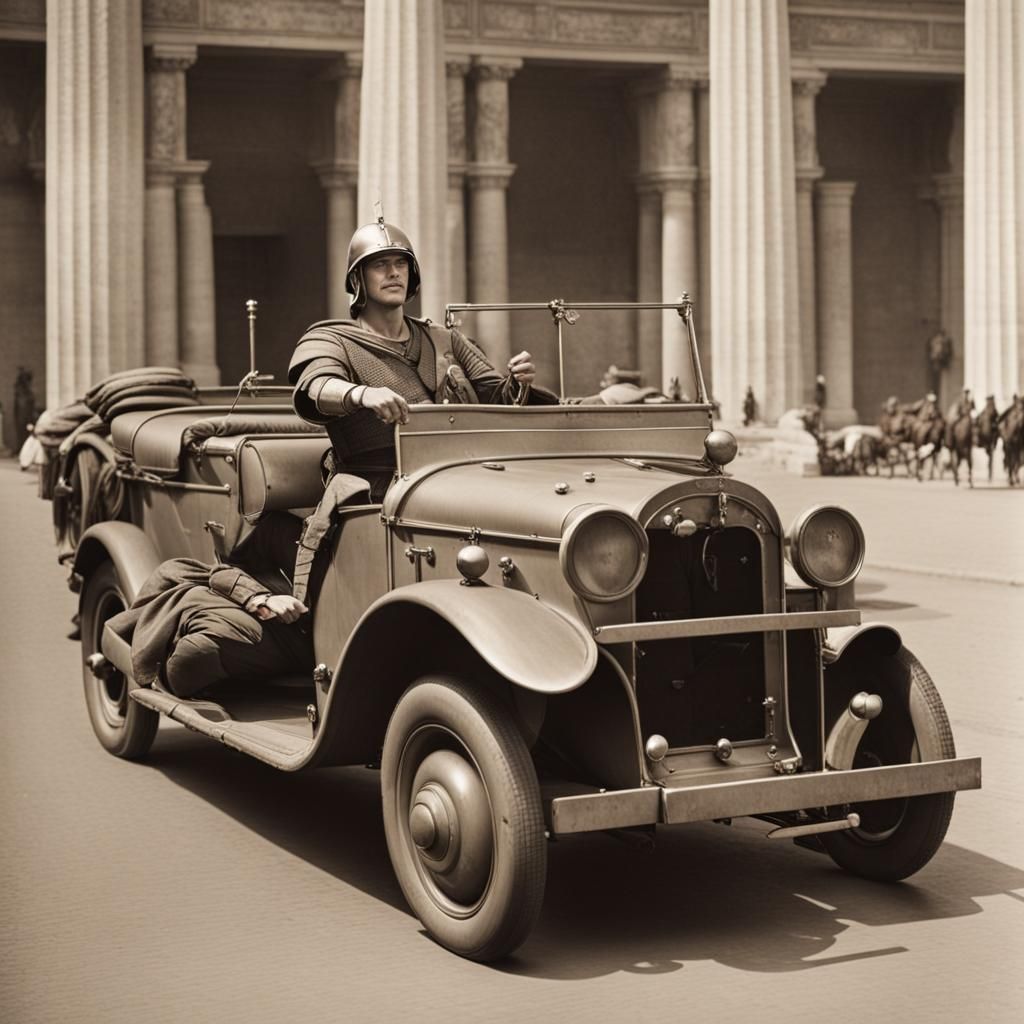 Roman Soldier Drives a Convertible Car