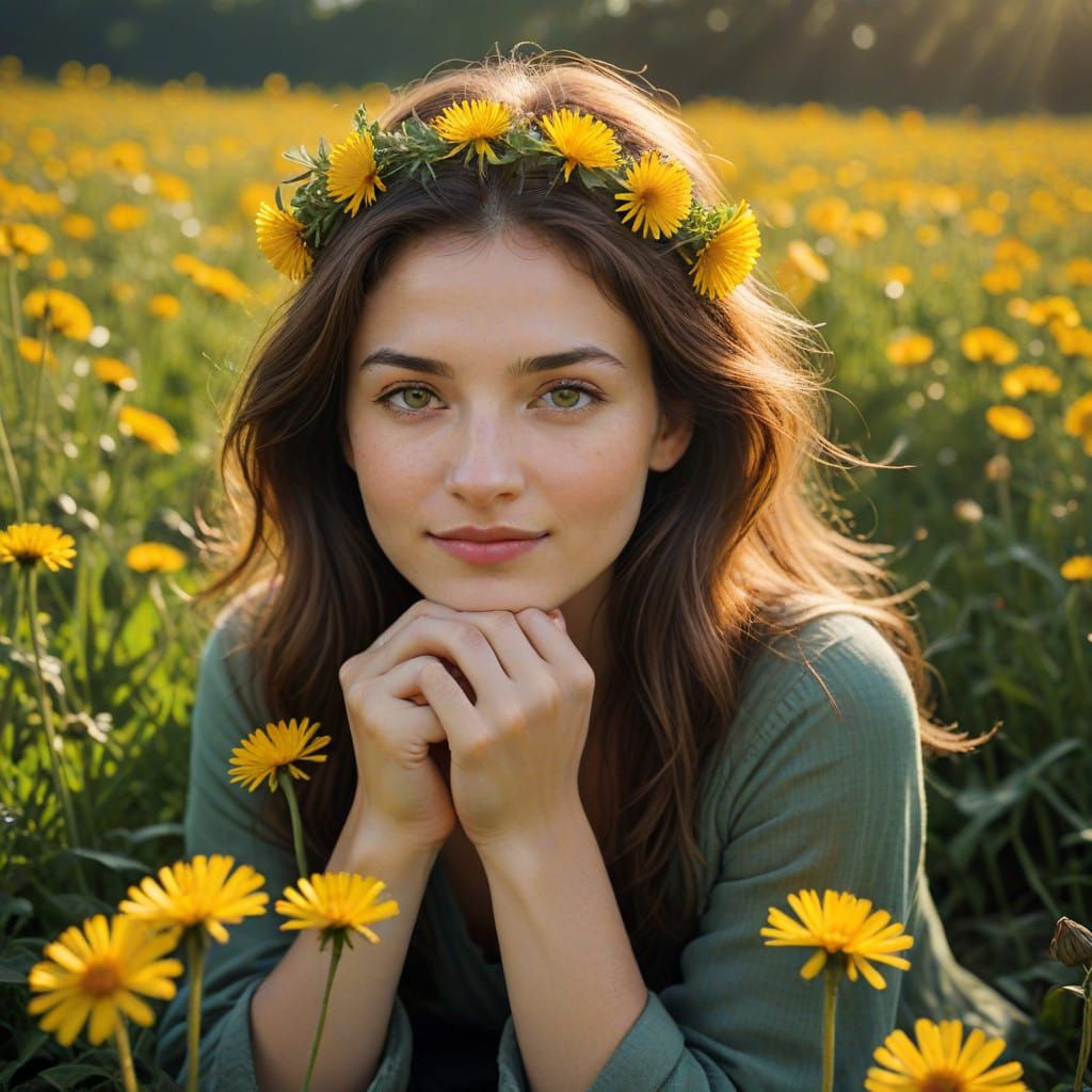 Young Girl Weaves Dandelion Wreath in Sunny Field