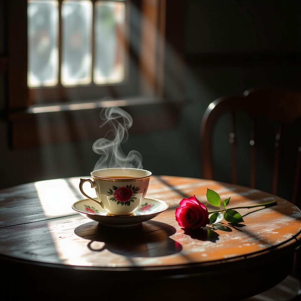 Antique Teacup and Rose in Chiaroscuro Light