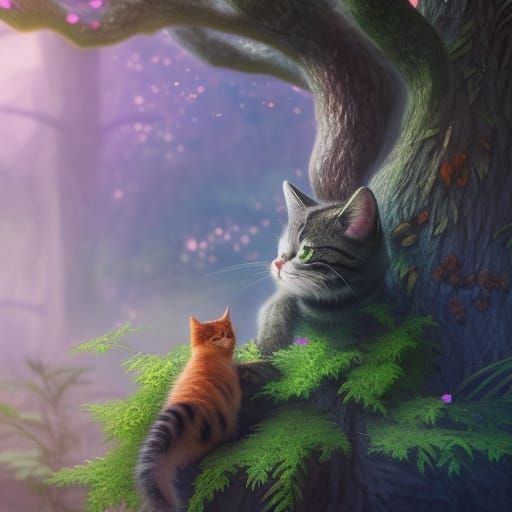 Cute Cat Climbing a Tree: Detailed Matte Painting
