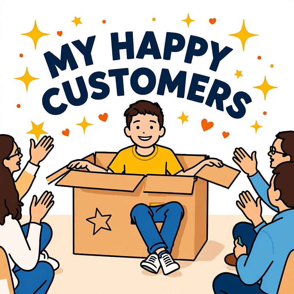 Smiling Boy Surrounded by Happy Customers