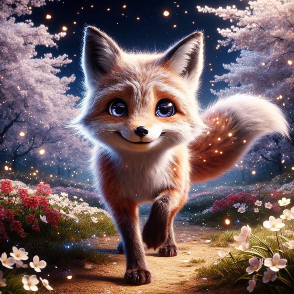 Adorable Fox Chasing Tail in Sakura Garden
