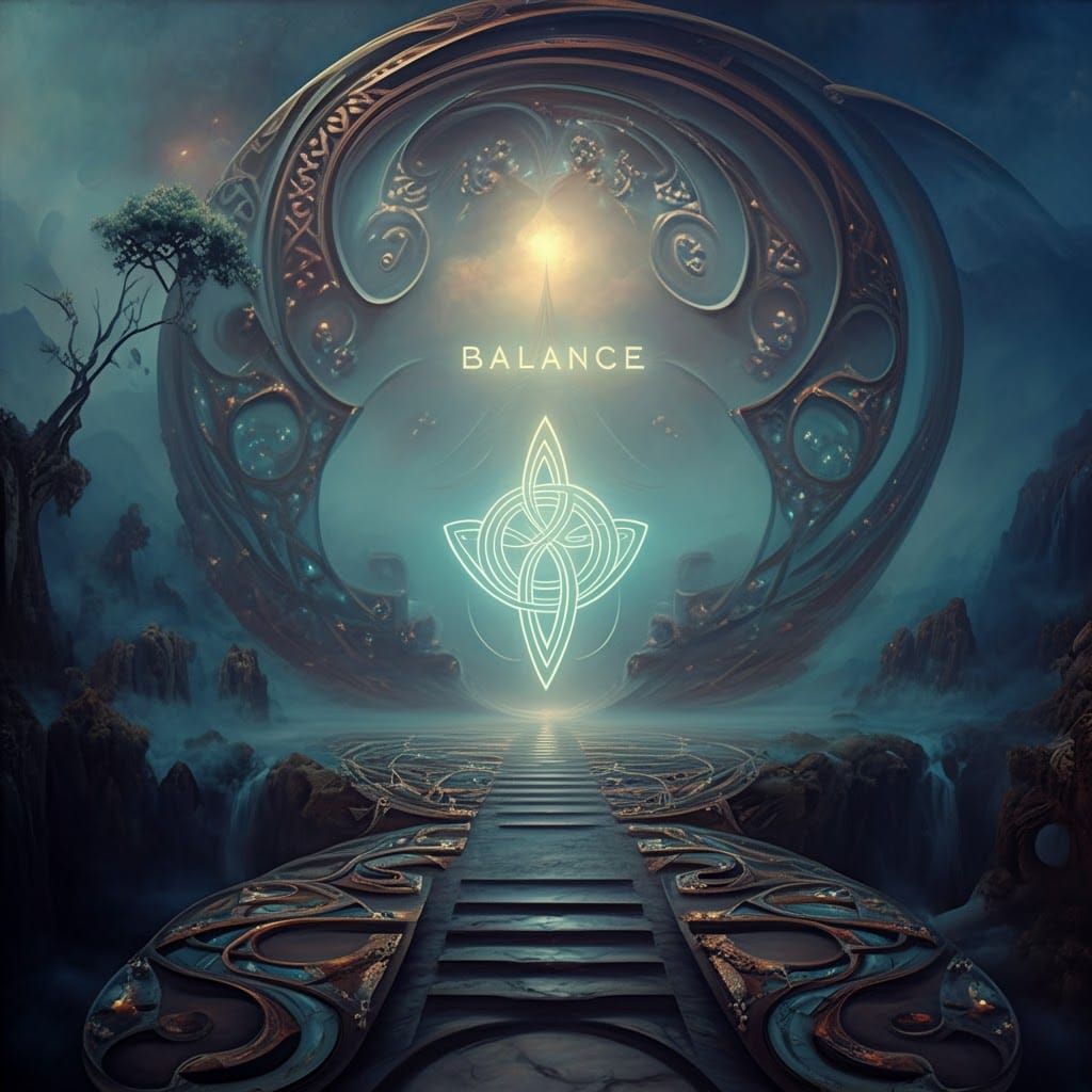Balance in Surreal Dreamscape with Celtic Motifs
