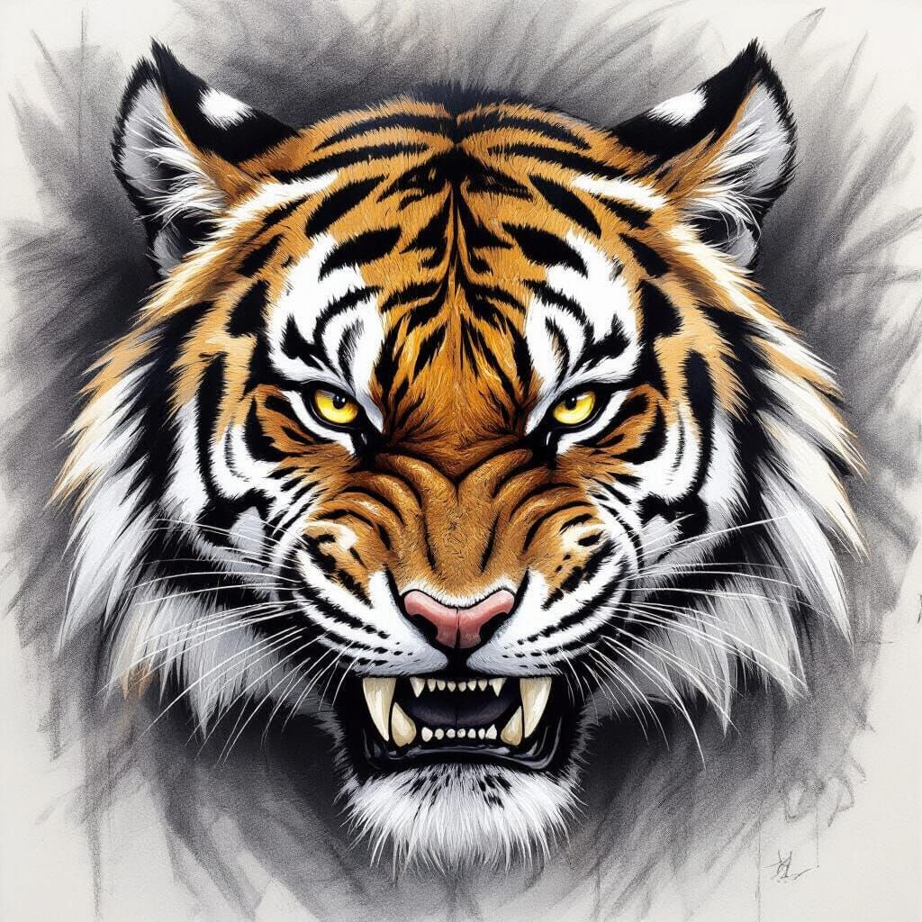Fierce Tiger Head Mascot Charcoal Drawing