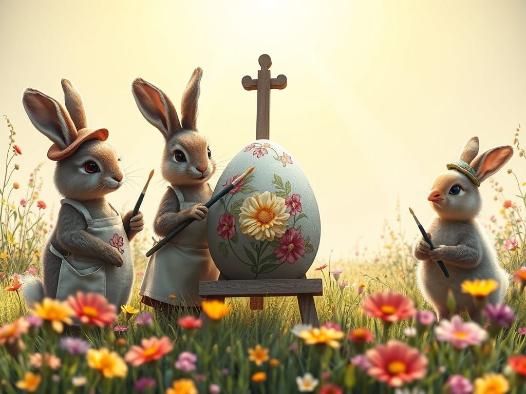 Bunnies and Chick Painting Eggs: 3D Digital Art