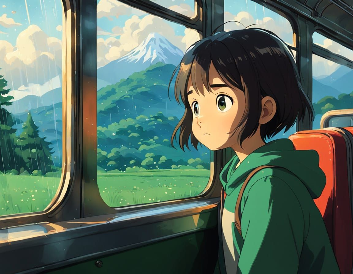 Child's Peaceful Gaze on a Rainy Mountain Landscape