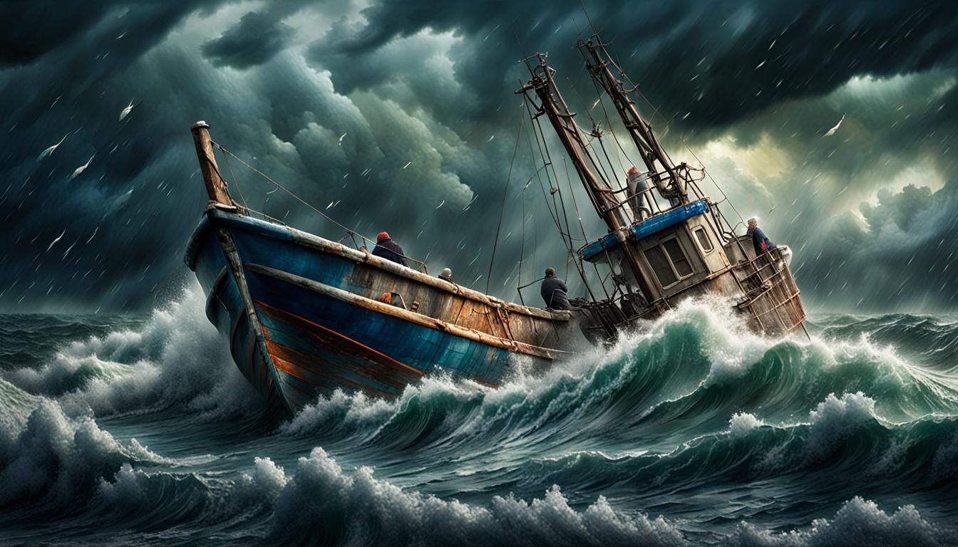 Fishermen Brave a Stormy Sea in Digital Painting