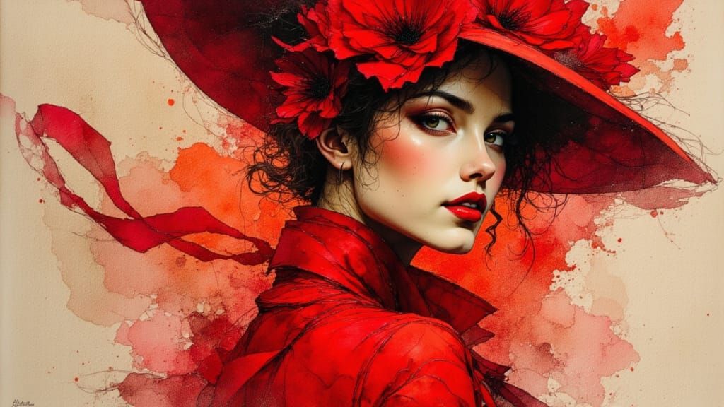 Elegant Scarlet Princess Portrait with Dry Brush Effect