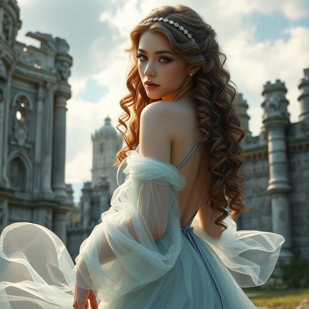 Ethereal Goddess in Anime Style with Castle Ruins