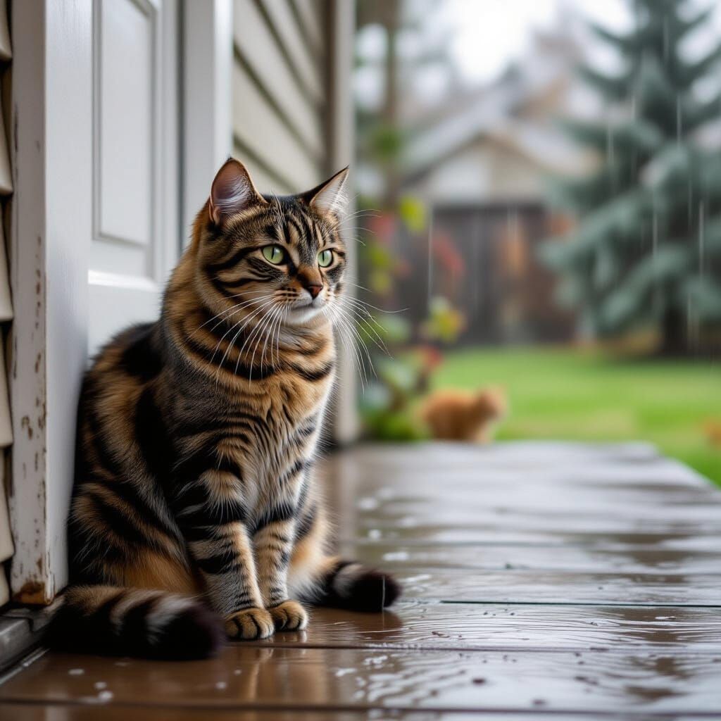 Hungry Cat Soaked on Porch During Rainy Storm