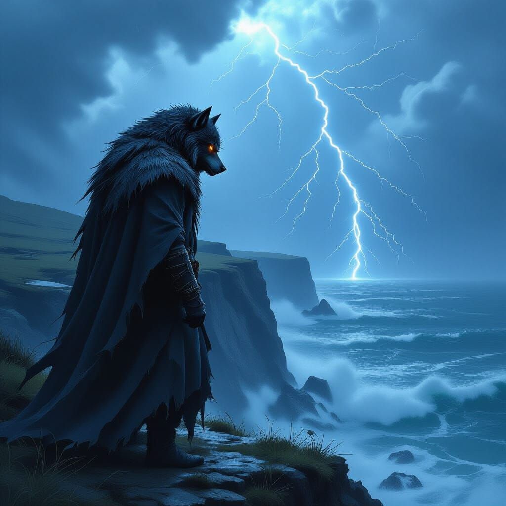 Werewolf on Windswept Cliff in Dark Fantasy Style