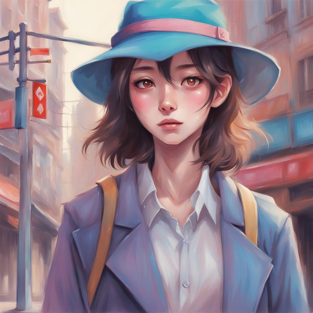 Anime Girl Detective in Cityscape Pastel Painting