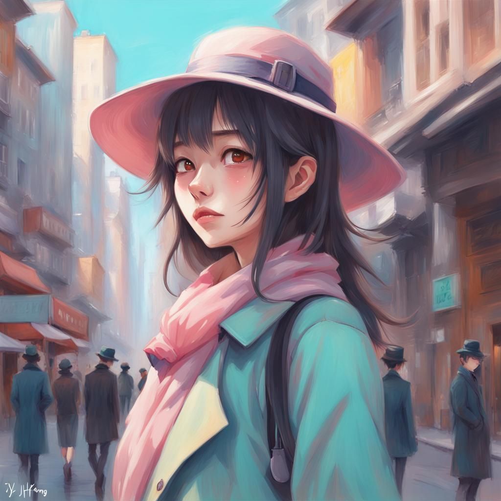 Anime Girl Detective in Cityscape Pastel Art