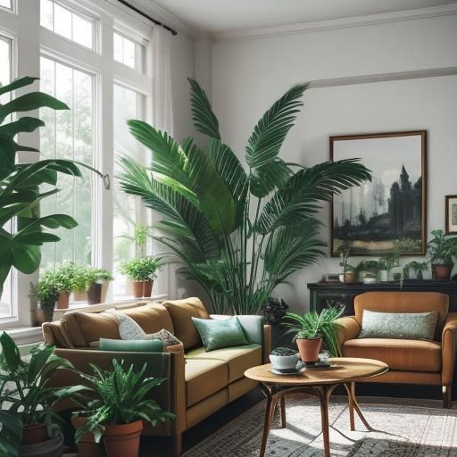 Elegant Plant-Filled Living Room in Natural Light