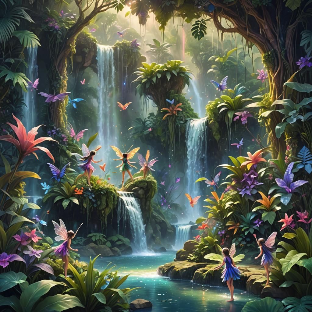 Enchanting Fairies Dancing by Oasis Waterfall