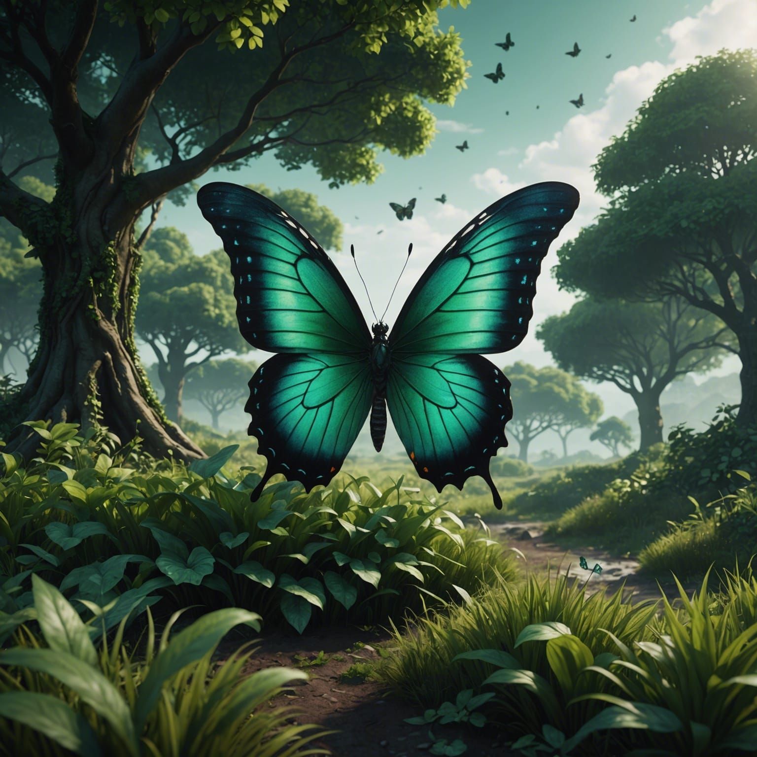 Jade Butterfly in Grassy Field: Fantasy Concept Art