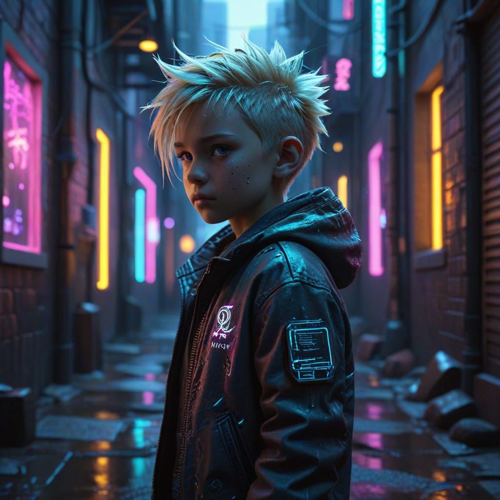 Cyberpunk Child in Neon Alleyway: Digital Art