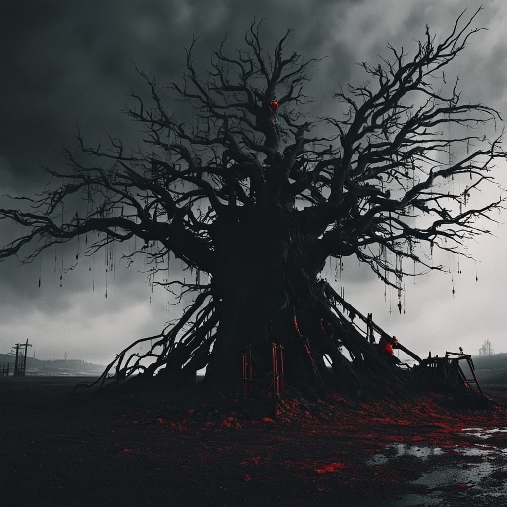 Imposing Metal Tree Towering Over Impaled Figures in Dark, M...