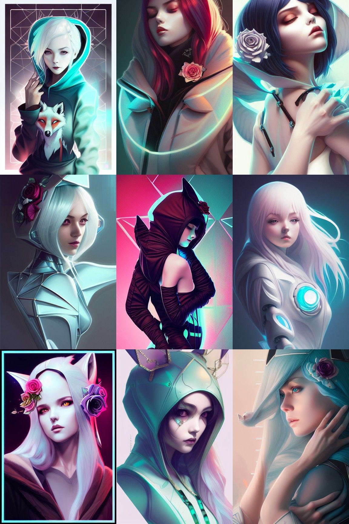 Robotic Fox Girl Portrait with Aquamarine Hoodie