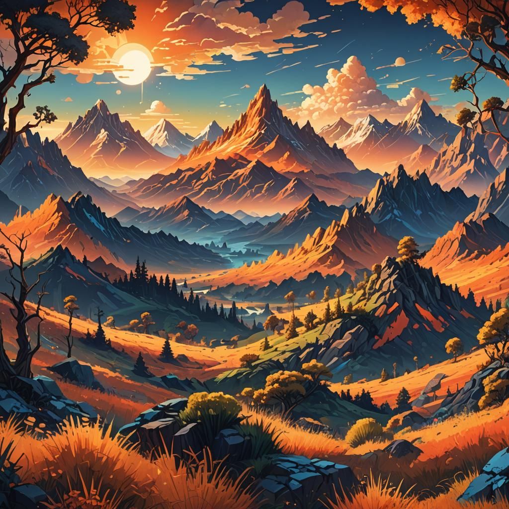 A pixelated scenery with mountains, trees, and a sunset