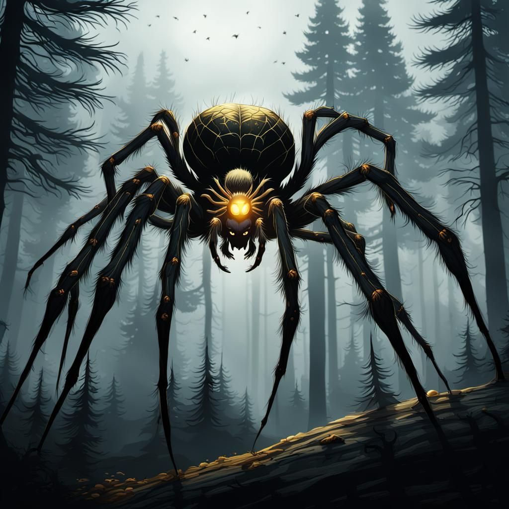Ominous Golden Spider in Dark Fantasy Forest