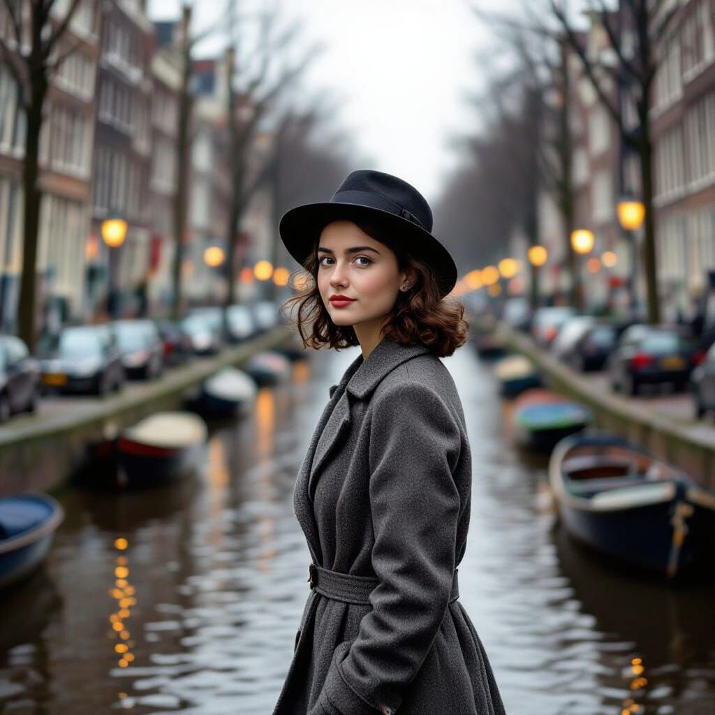 Anne Frank Walks Amsterdam Canals, Photorealistic Style