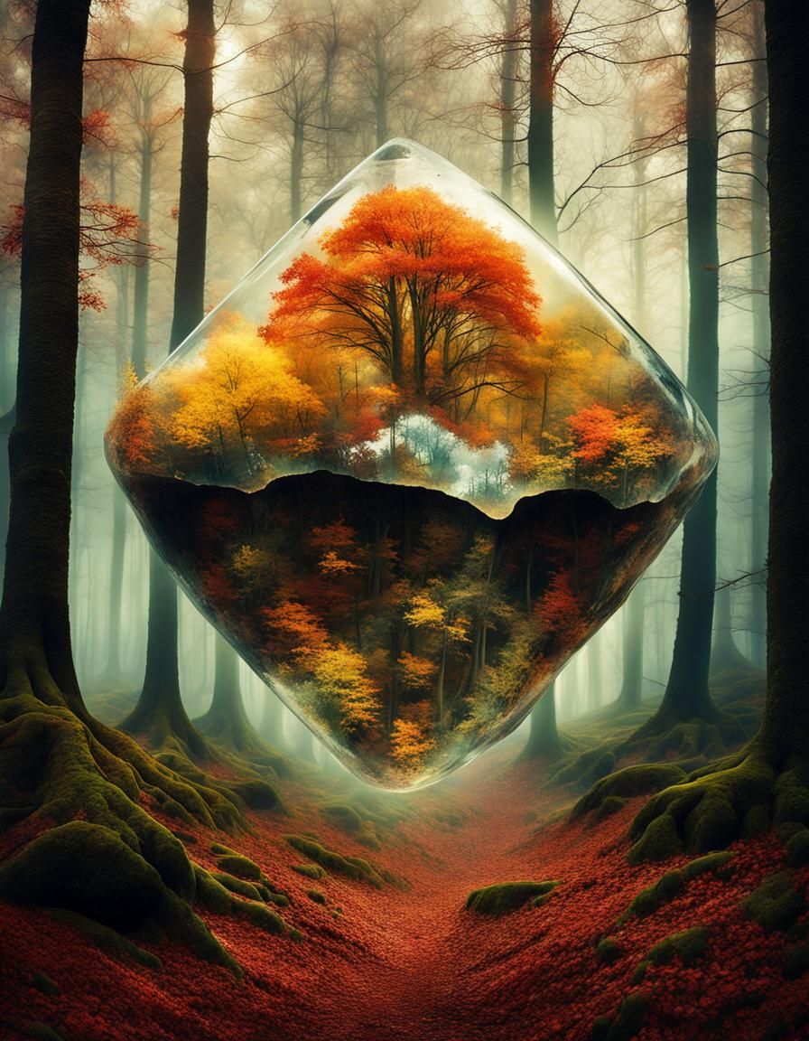 Surreal Autumn Forest Geode Double Exposure