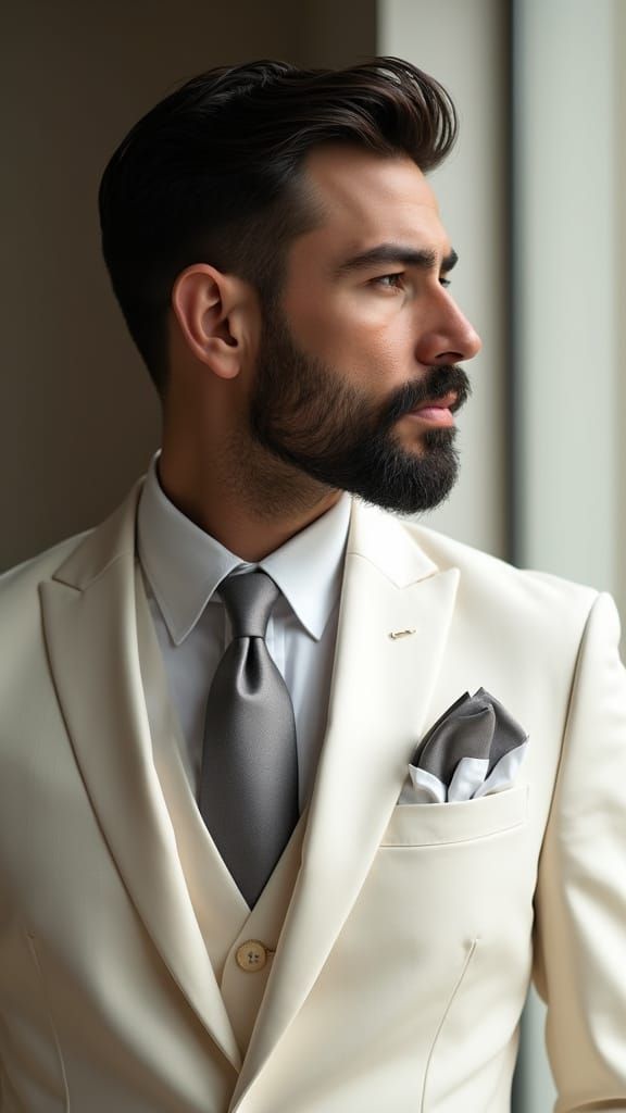 Elegant Man in Cream Suit: High-Fashion Portrait