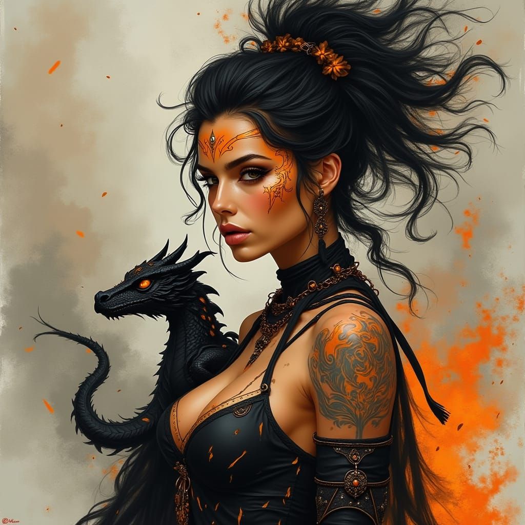 Tribal Warrior Woman with Dragon, Detailed Fantasy Art