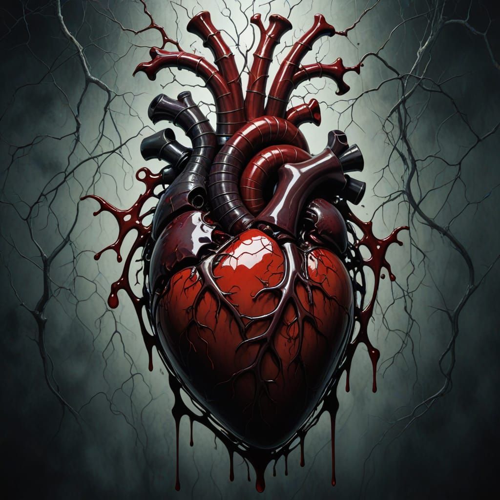 Surreal Heart Sculpture in Dark Red Glass with Pumping Blood...