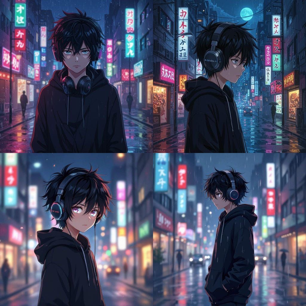 Emo Anime Boy with Hoodie and Headphones at Night