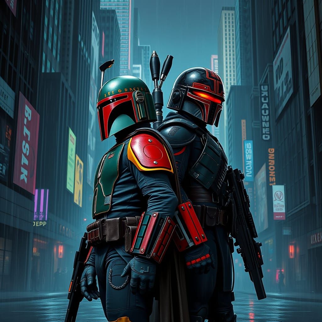 Boba Fett and Judge Dredd in Cyberpunk Cityscape