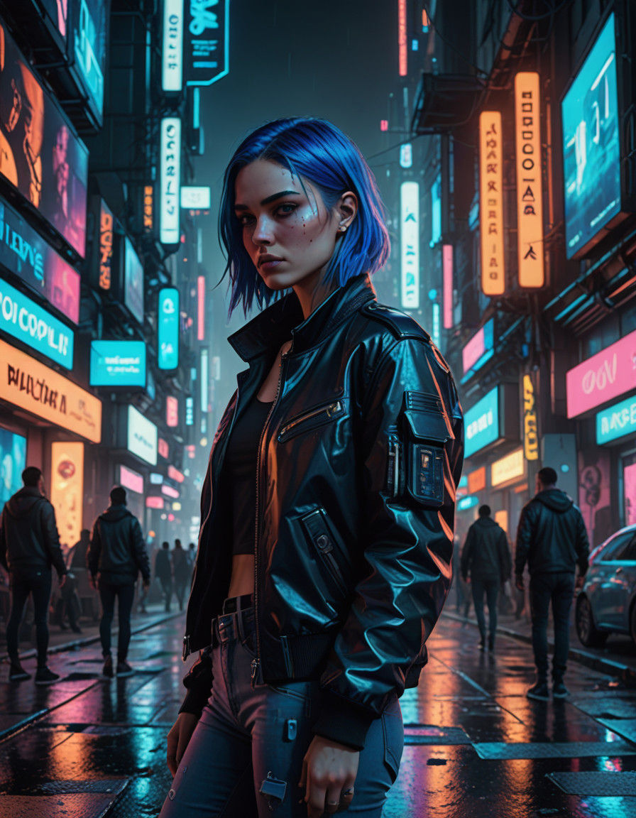"Cyberpunk girl, walking through the crowd in a Night City intricate details, HDR, beautifully shot, hyperrealistic, sha...