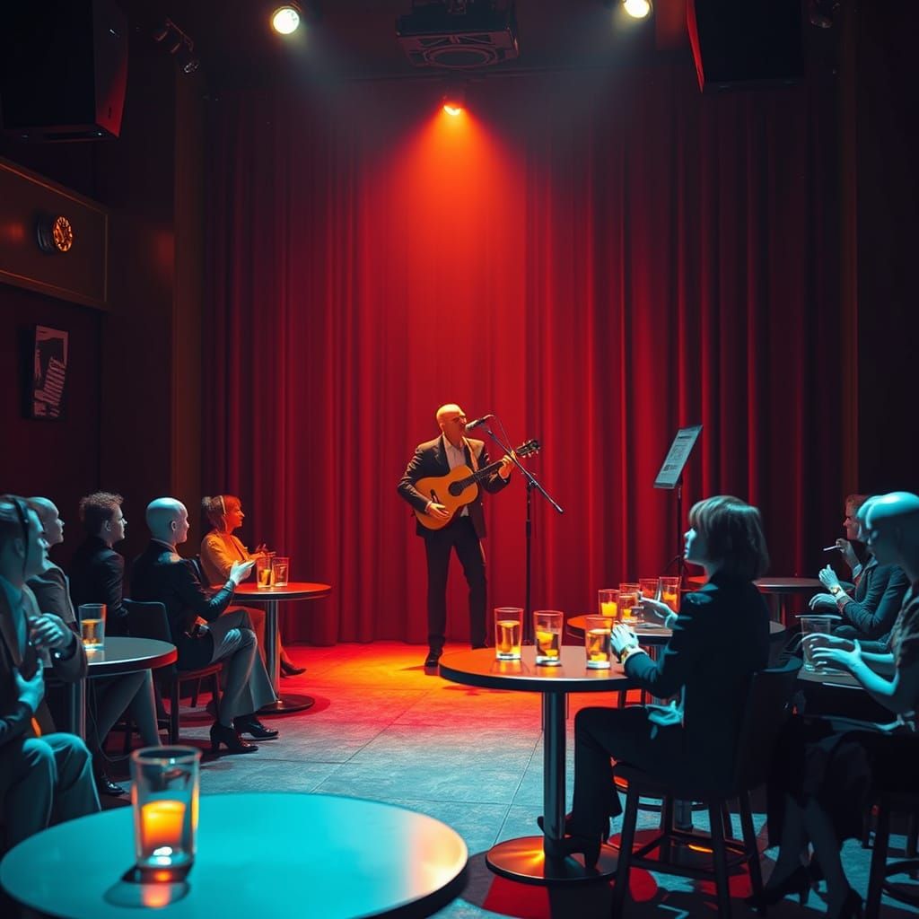Nightclub Singer Performing for Mannequins in Retro-Futurist...