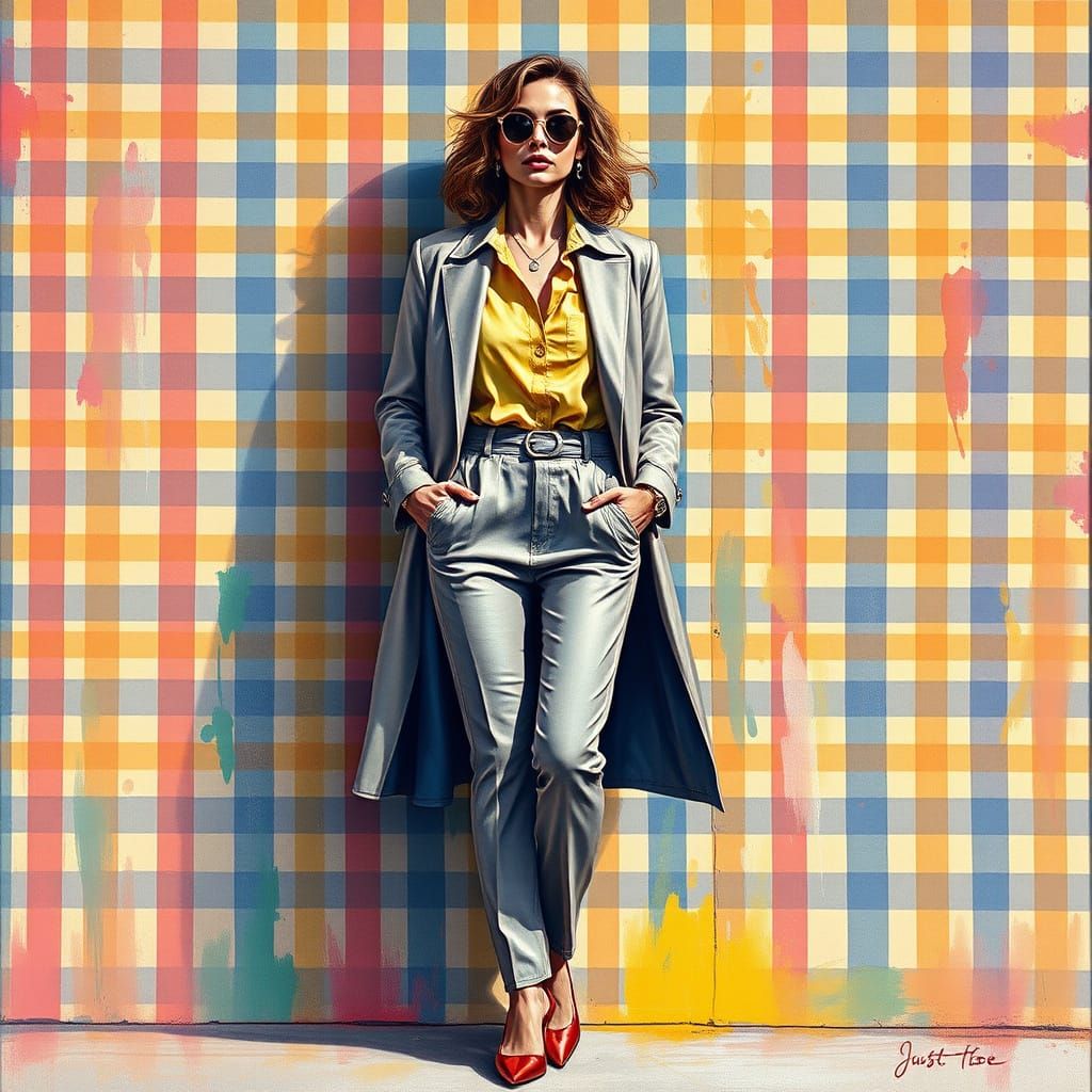 Elegant Woman Against a Colorful Gingham Backdrop in Impress...