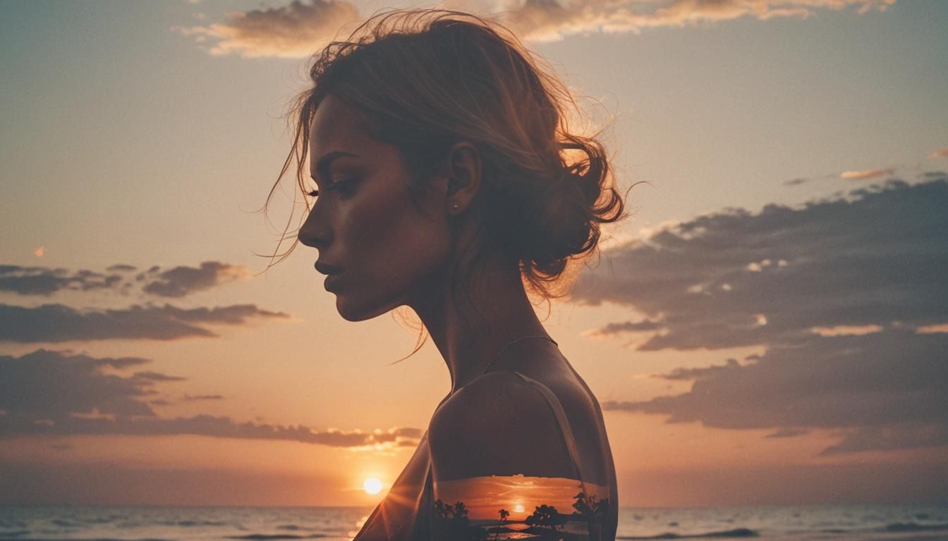 Sunset Beach Silhouette Double Exposure Photograph