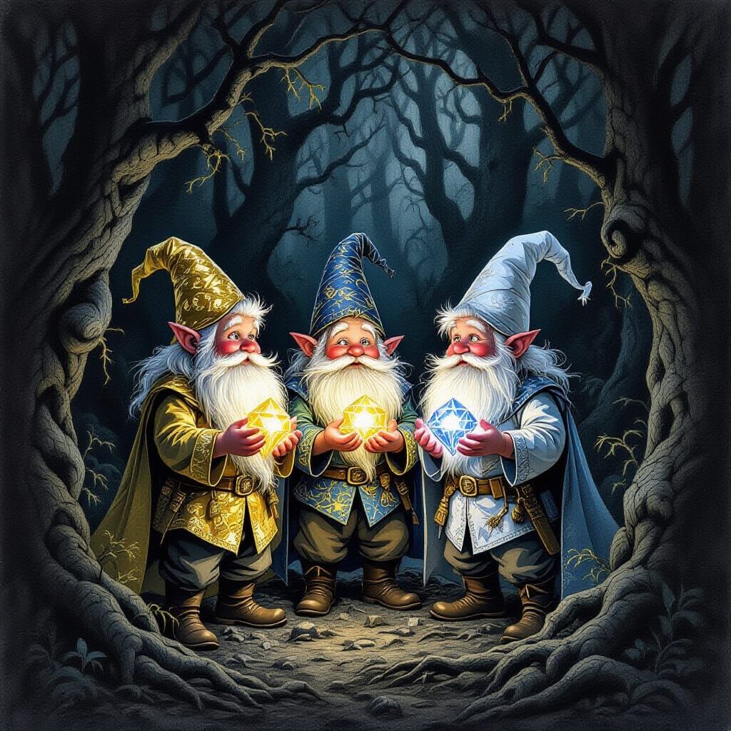 Three Enchanted Gnomes in Dark Forest Charcoal Drawing