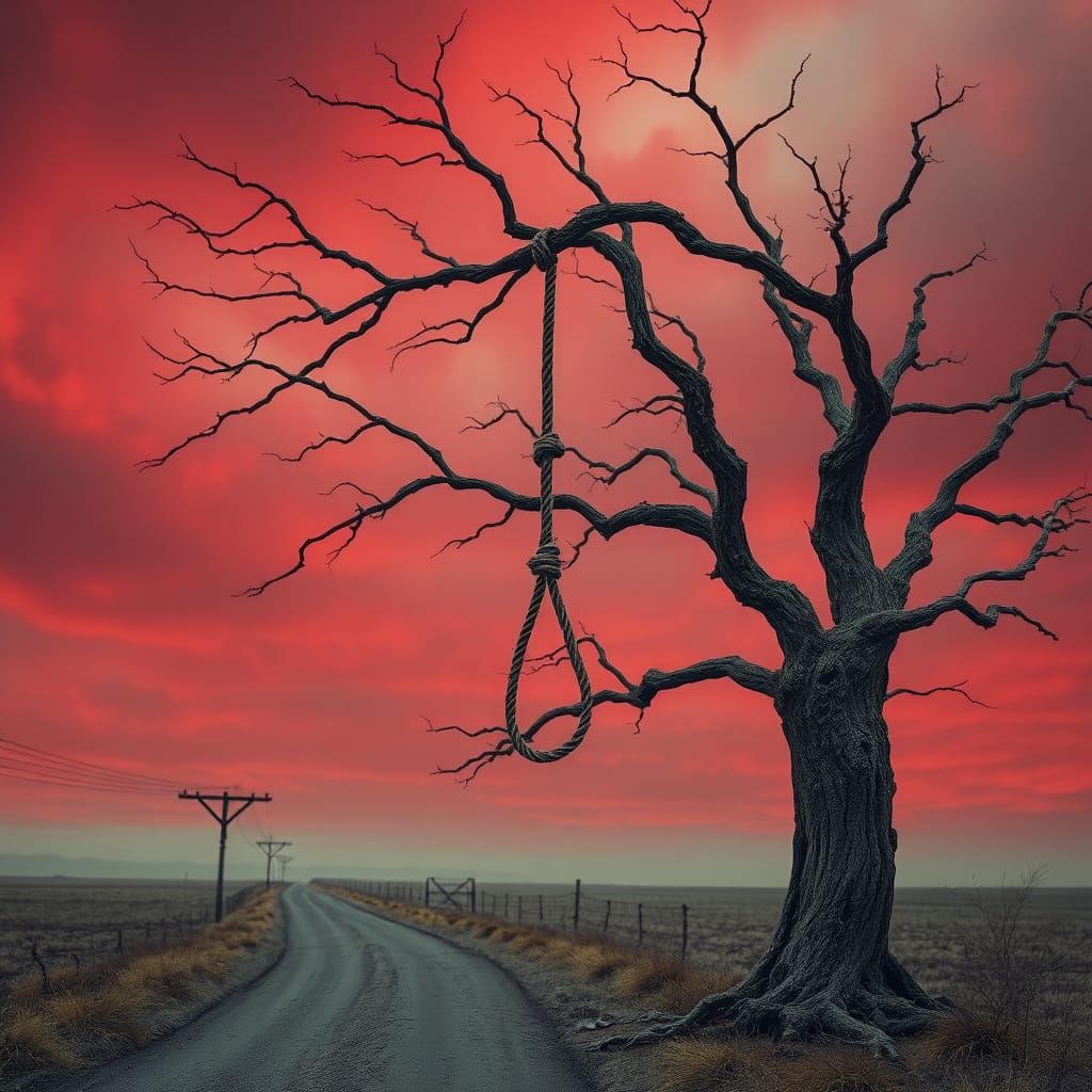 Eerie Crossroads: Hangman's Noose Under Red Sky