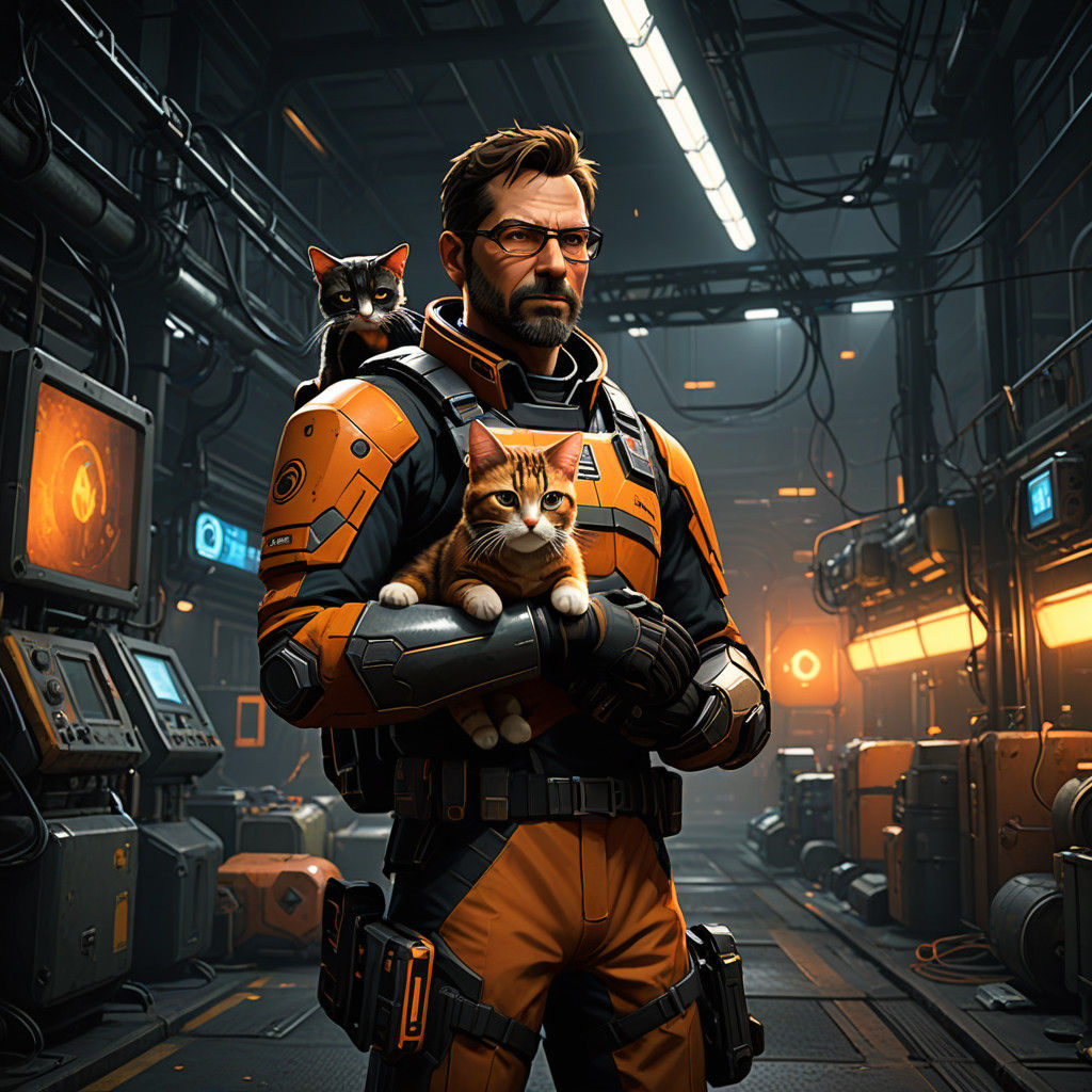 Gordon Freeman holding a cat