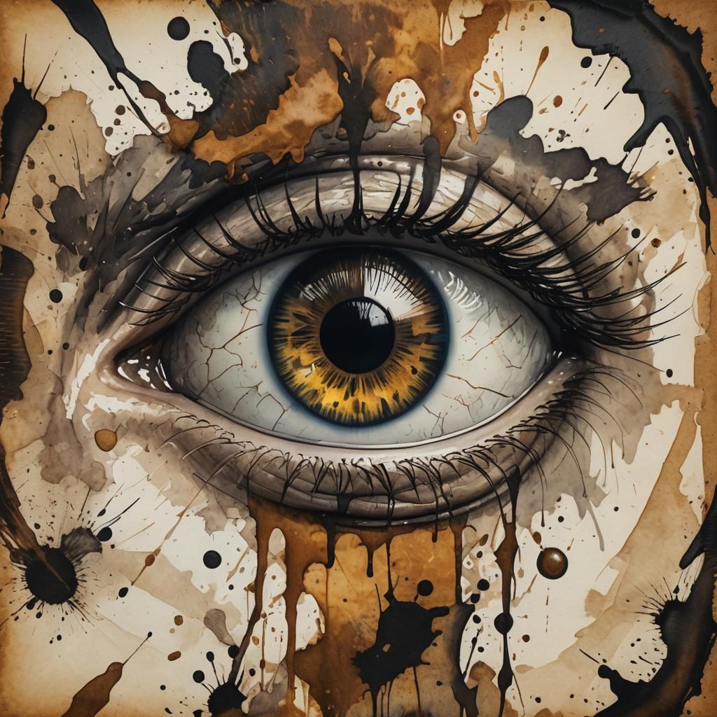 Eye Double Exposure in Vintage Ink Painting