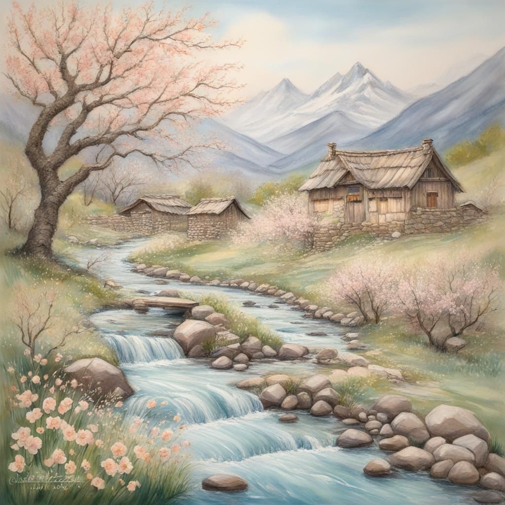 Pastel Spring Mountain Stream, Cozy Lighting