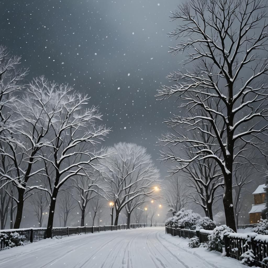 Long-Haired Cat in Falling Snow as Gouache Painting