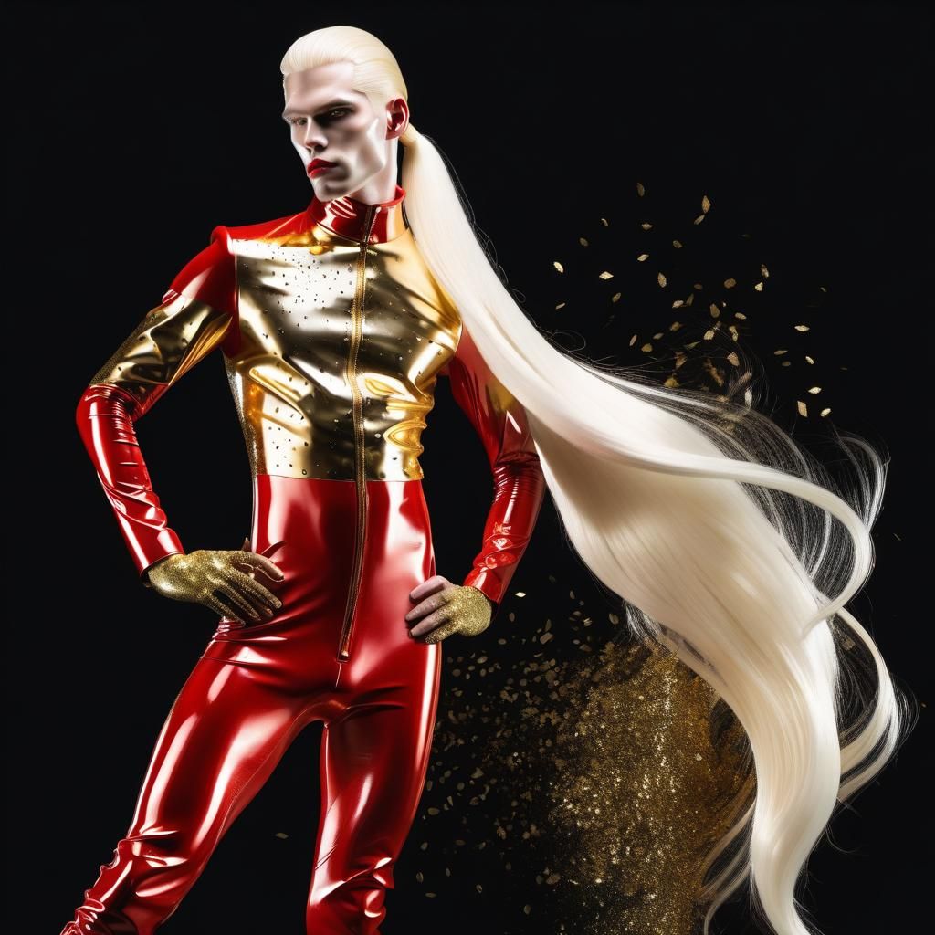 Man in Red Latex Suit with Gold Glitter