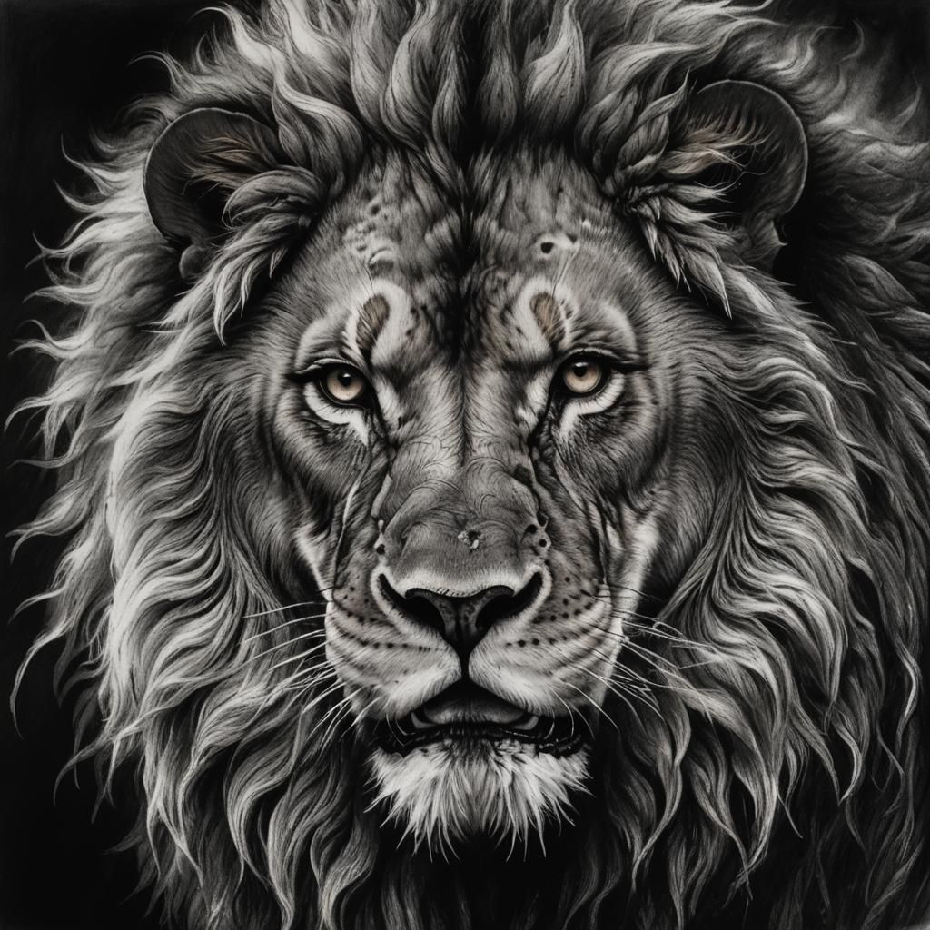 Burning Lion in Dramatic Charcoal Drawing